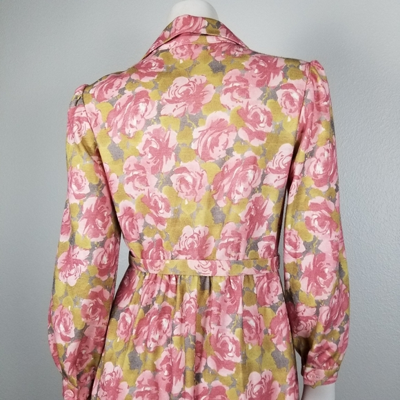 Vintage 70s Mid Century Mod Rose Floral Fit & Flare Handmade Midi Dress - Picture 7 of 12